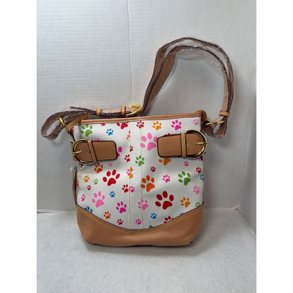 NWT VTG Blossom Collection Crossbody Bag White Multicolor Paw Print Buckle